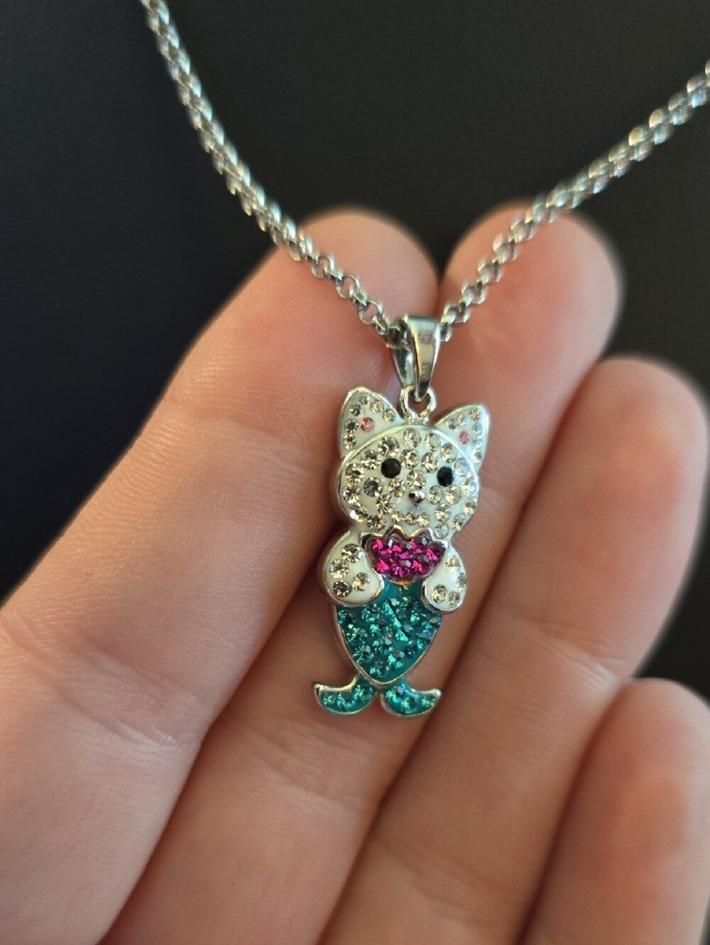Silver Cat Mermaid Pendant Necklace with Pink and Teal Crystals - Picture 3 of 9